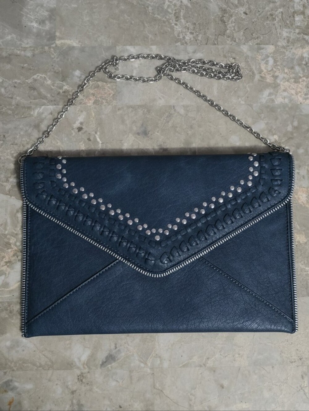 Moda Luxe Navy Blue Studded Zippered Envelope Clutch w/ Chain